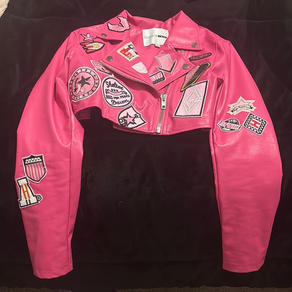 Pink Faux Leather Jacket with Patches